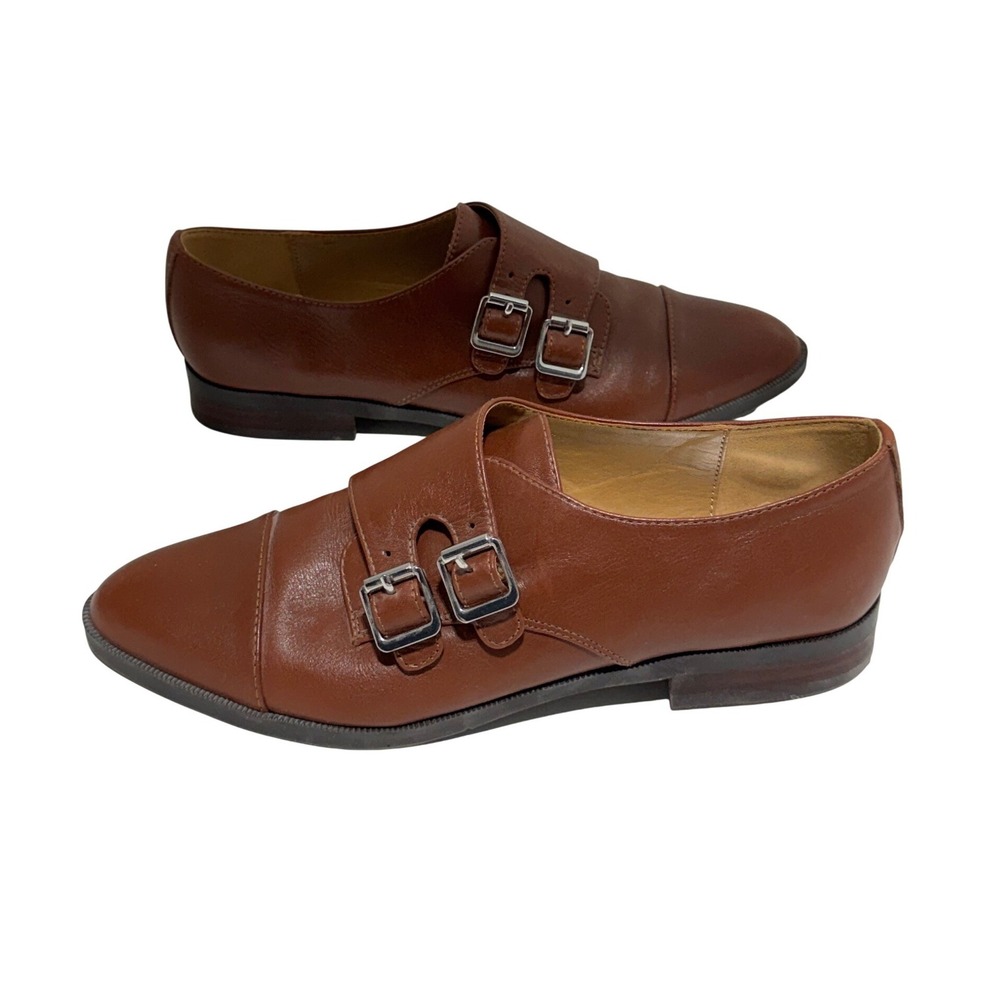 Marc Fisher Womens Cognac Leather Double Monk Strap Cap Toe Loafers Brown Flat